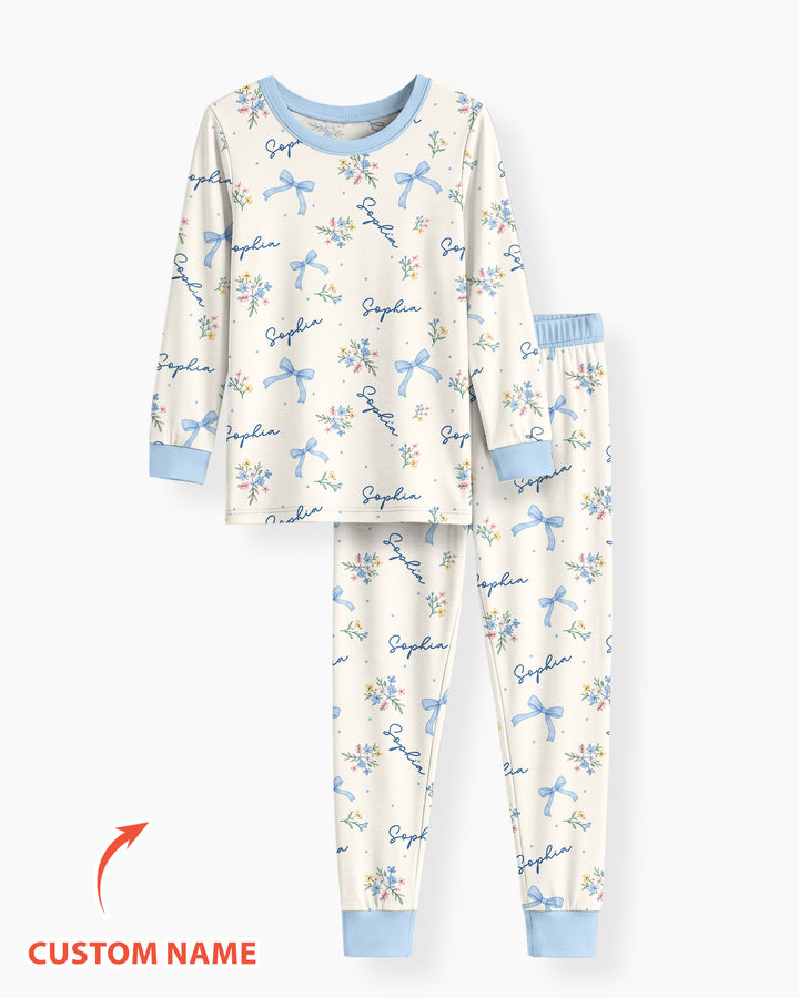 Pastel Ditsy Floral Bow Bamboo Two Piece Long Sleeve Pajama Set