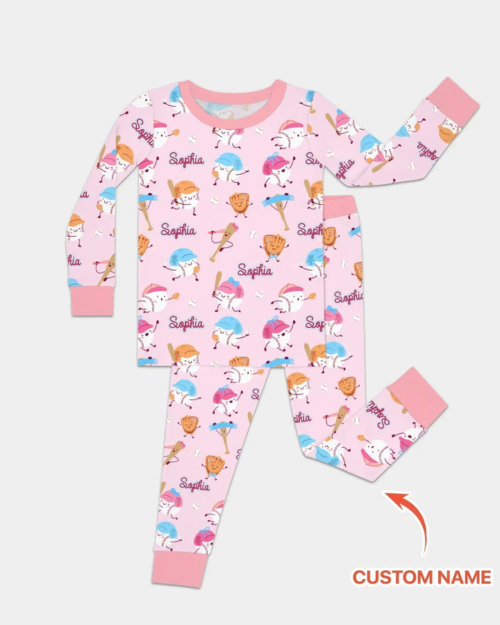 Custom Name Ballparl Family Matching Bamboo Two Piece Long Sleeve Pajama Set