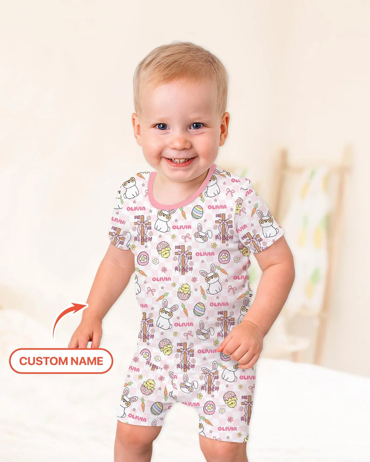 Custom Name Retro Easter Two Piece Short Sleeve Shorts Pajama Set