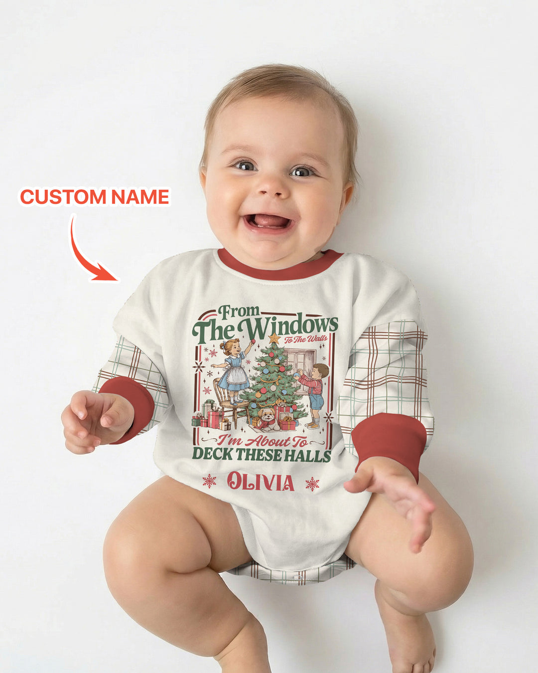 Custom Name Vintage Deck The Halls Bamboo Bubble Romper
