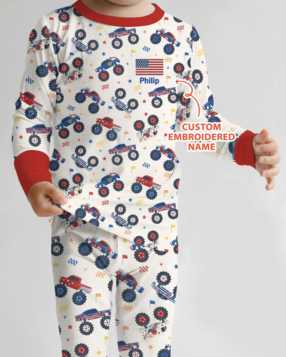 Custom Name Embroidered Red White & Truck Bamboo Two Piece Long Sleeve Pajama Set