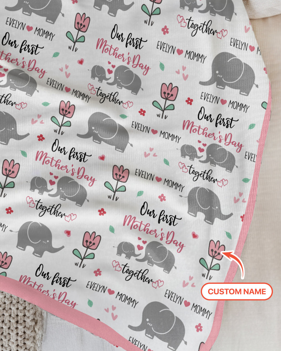 Custom Name Elephant Our First Mother's Day Blanket
