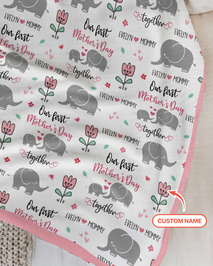 Custom Name Elephant Our First Mother's Day Blanket