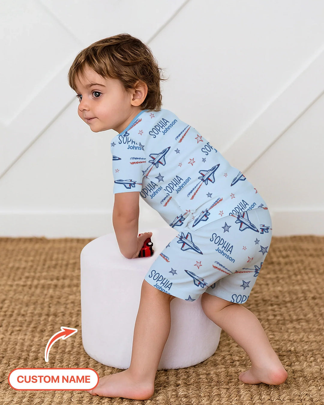 Patriotic American Flag Jet Fighter Bamboo Two Piece Short Sleeve Shorts Pajama Set