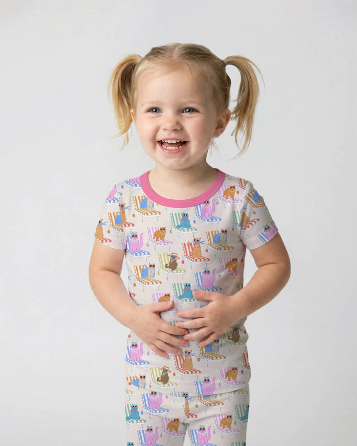 Meow Sunbathing Mommy & Me Matching Bamboo Two Piece Short Sleeve Pajama Set