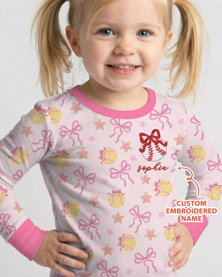 Custom Embroidered Softball Bow Baby Bamboo Two Piece Long Sleeve Pajama Set