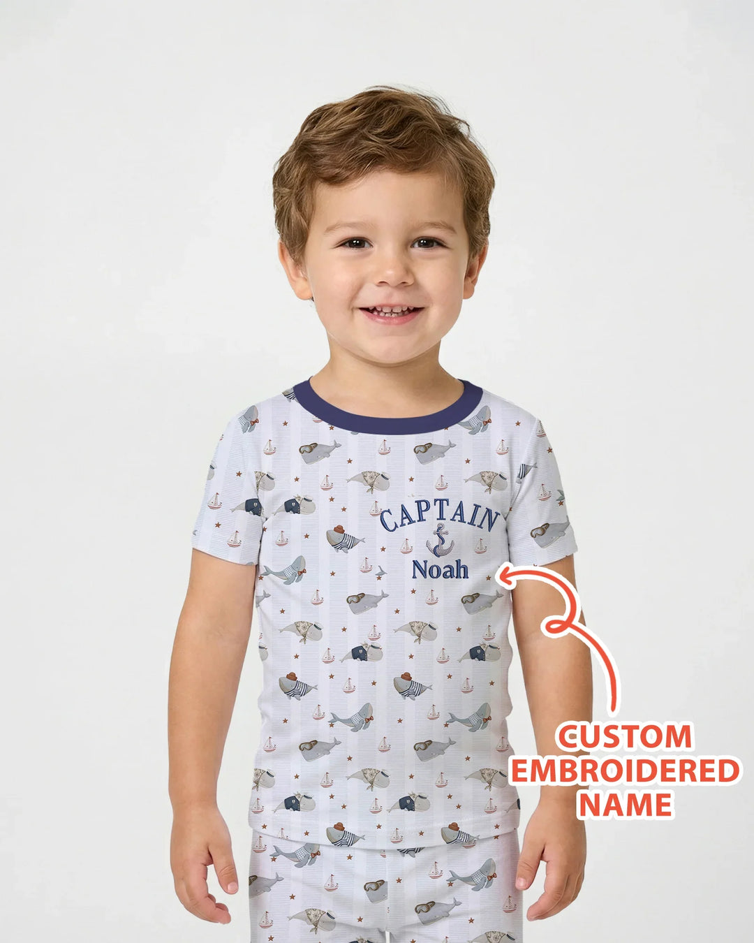 Custom Embroidered Name Little Captain of the Whale Crew Bamboo Two Piece Short Sleeve Pajama Set