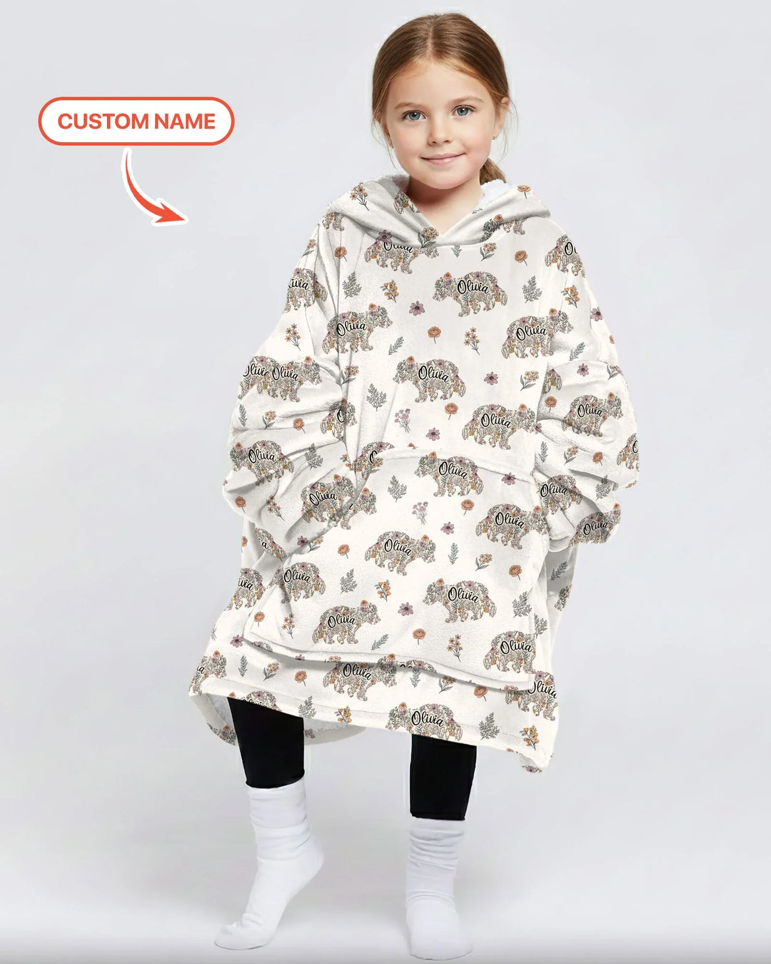 Custom Name Floral Bear Family Matching Bamboo Blanket Hoodie