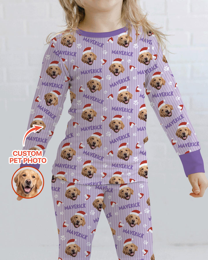 Custom Pet Photo Christmas Paws Stripe Bamboo Two Piece Long Sleeve Pajama Set