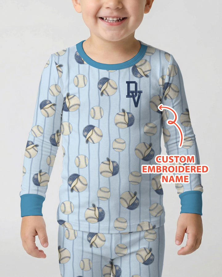 Custom Embroidered Baseball Bamboo Two Piece Long Sleeve Pajama Set