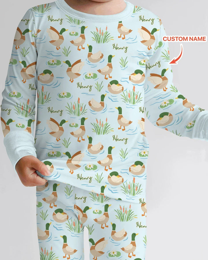 Personalized Mallard Duck Bamboo Two Piece Long Sleeve Pajama Set