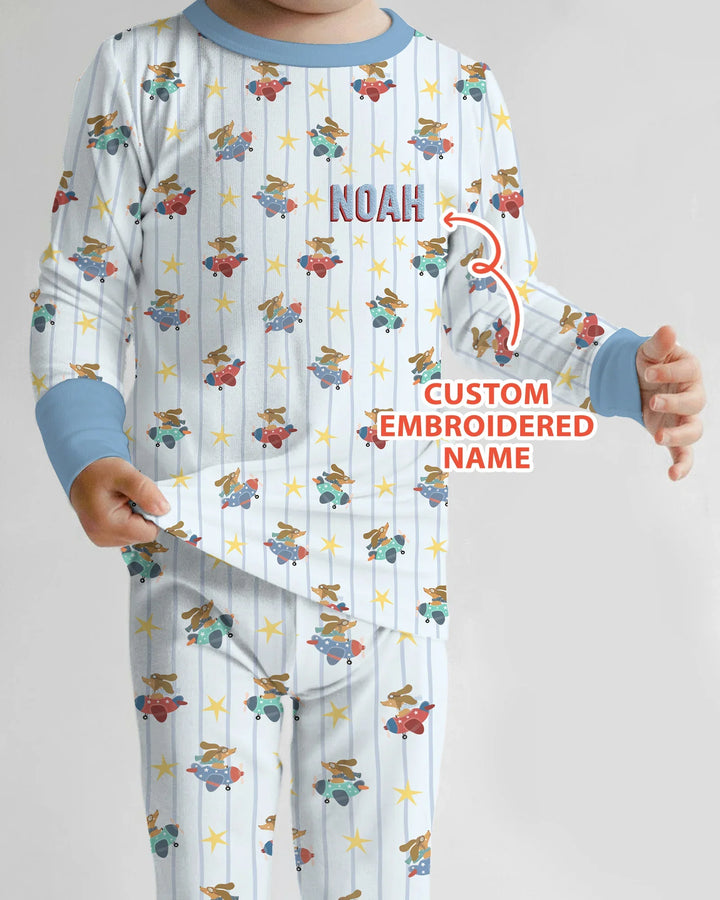 Custom Name Embroidered Dachshund Pilot Bamboo Two Piece Long Sleeve Pajama Set