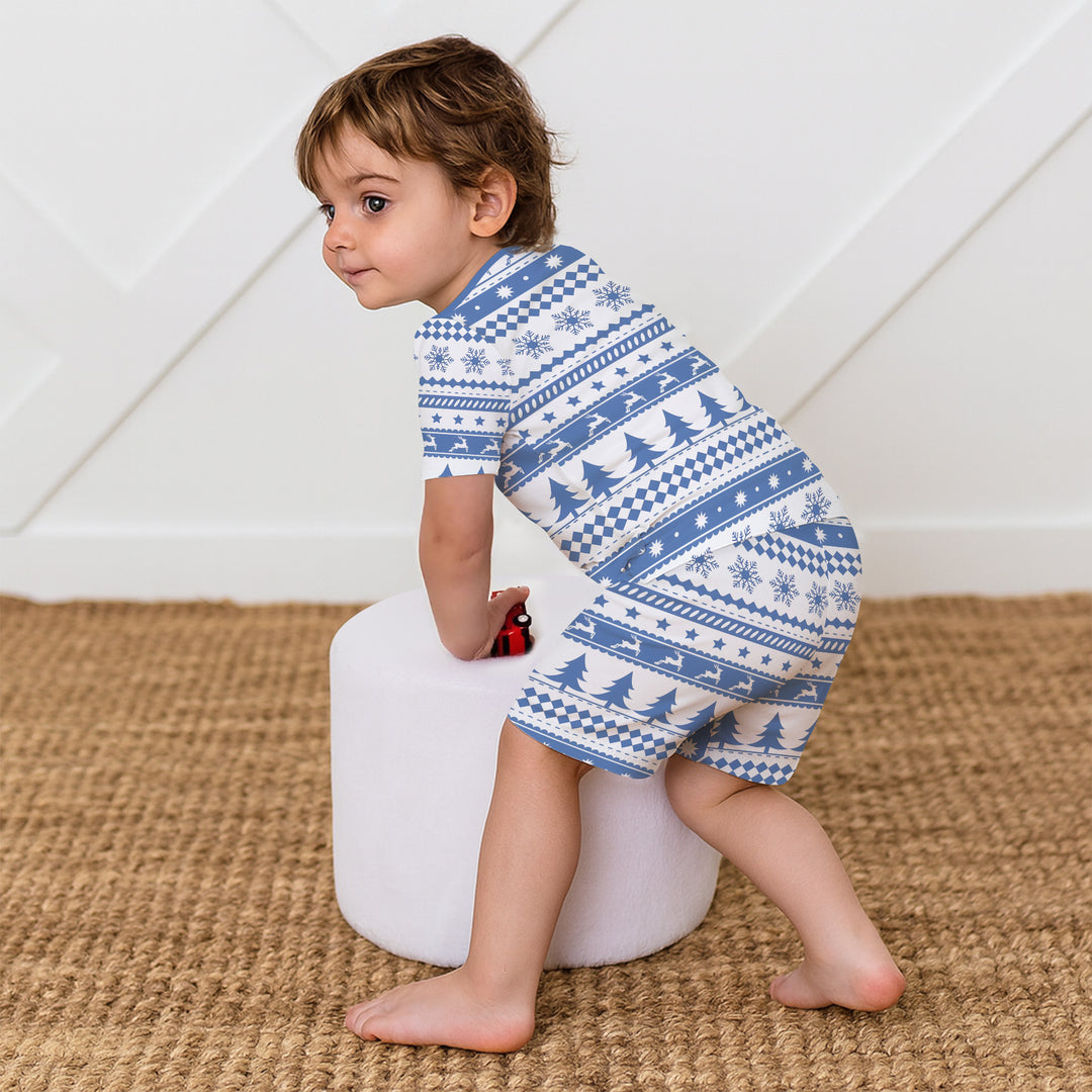 Blue Fair Isle Two Piece Short Sleeve Shorts Pajama Set