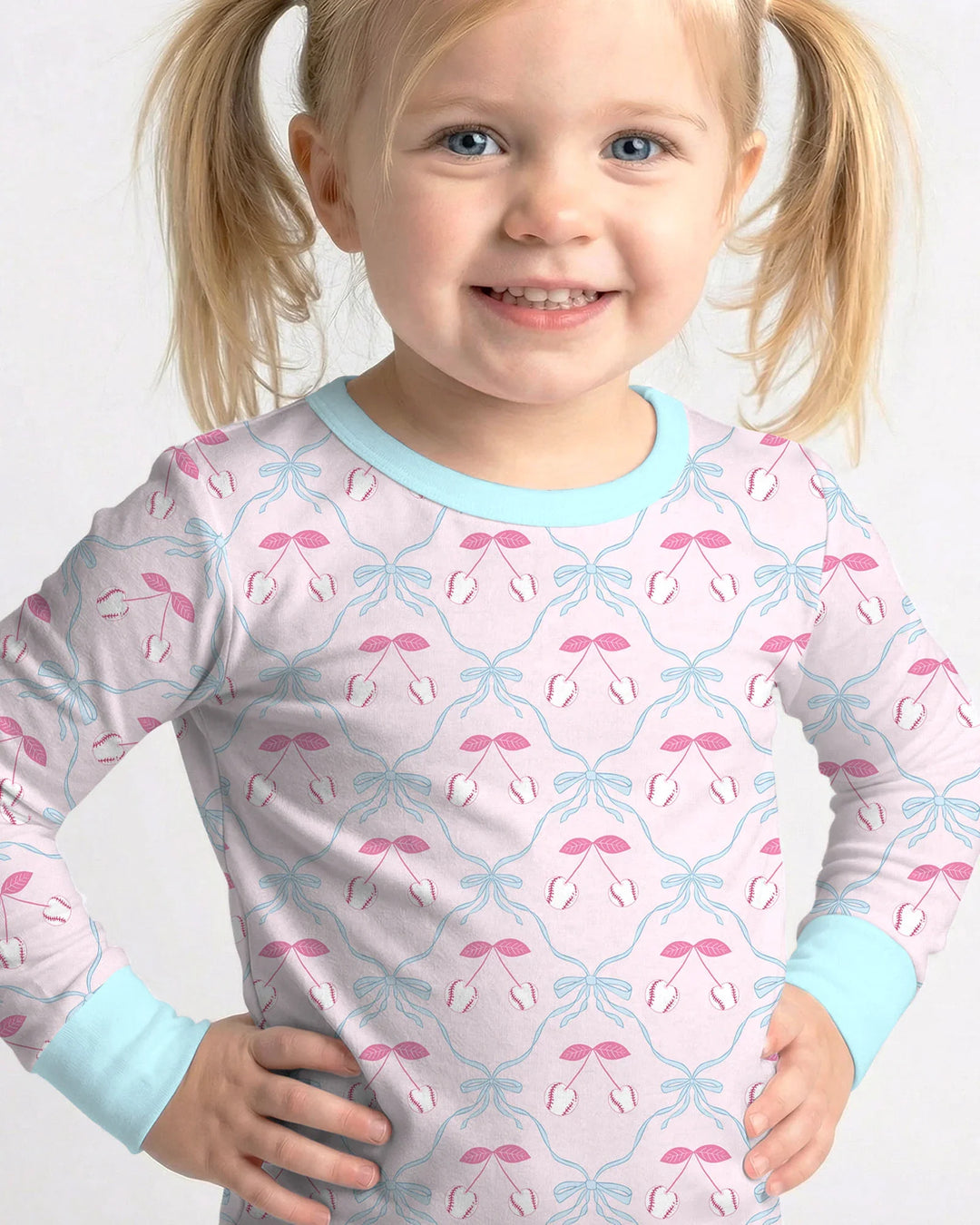 Cherry Baseball Softball Mom and Girl Matching Bamboo Two Piece Long Sleeve Pajama Set