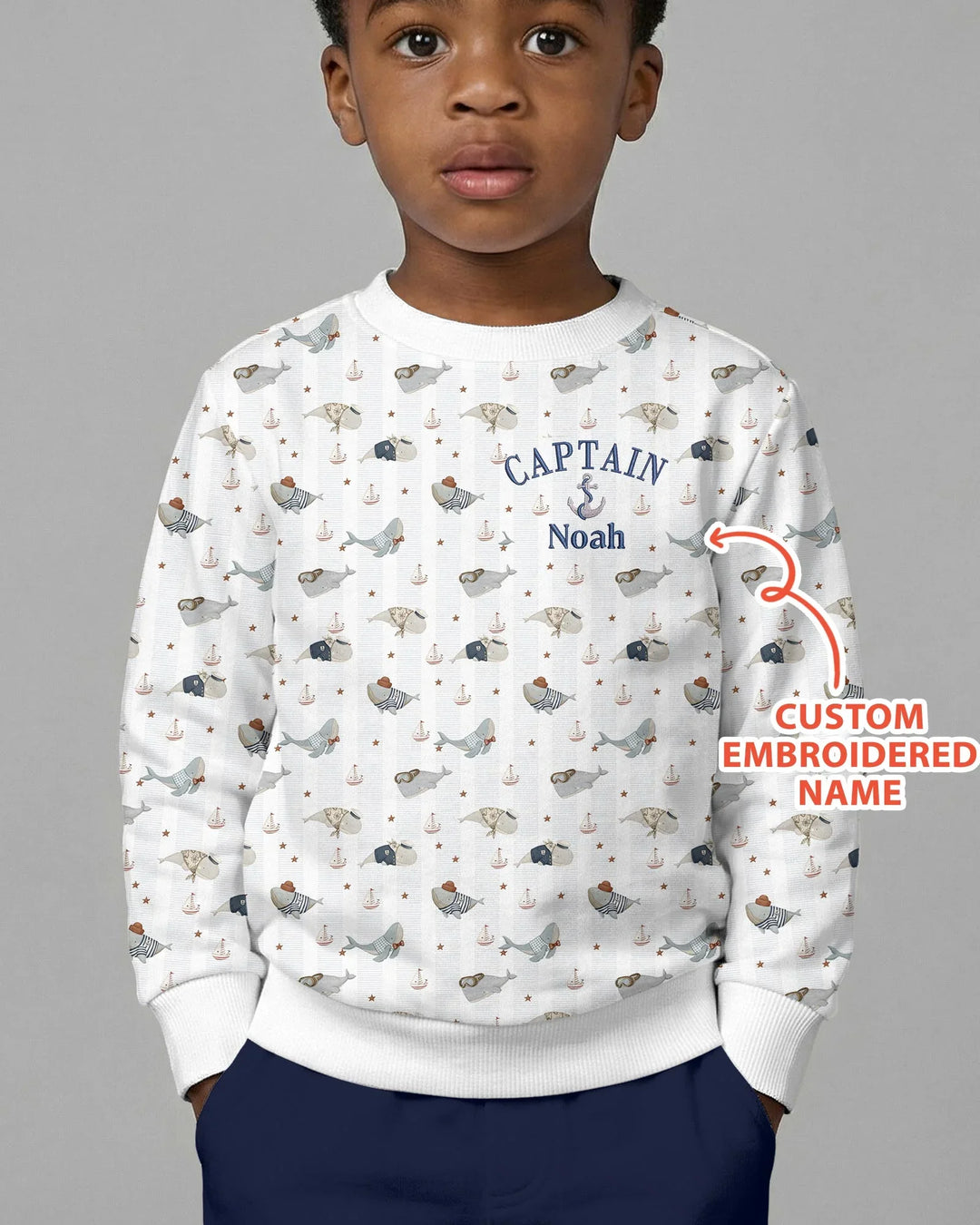 Custom Embroidered Name Little Captain of the Whale Crew Bamboo Crewneck Sweatshirt