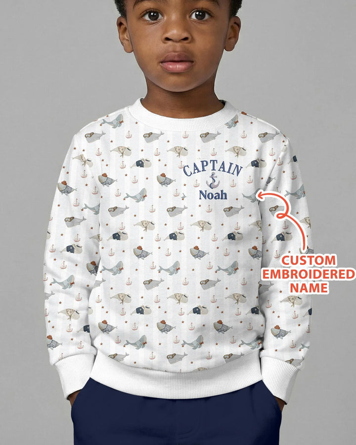 Custom Embroidered Name Little Captain of the Whale Crew Bamboo Crewneck Sweatshirt