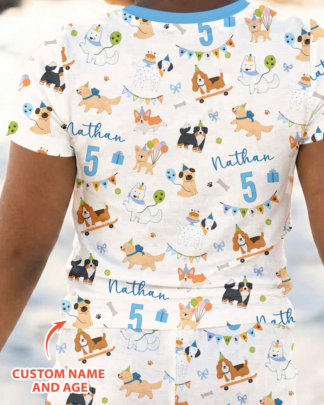 Custom Name Birthday Dogs Party Bamboo Two Piece Short Sleeve Pajama Set