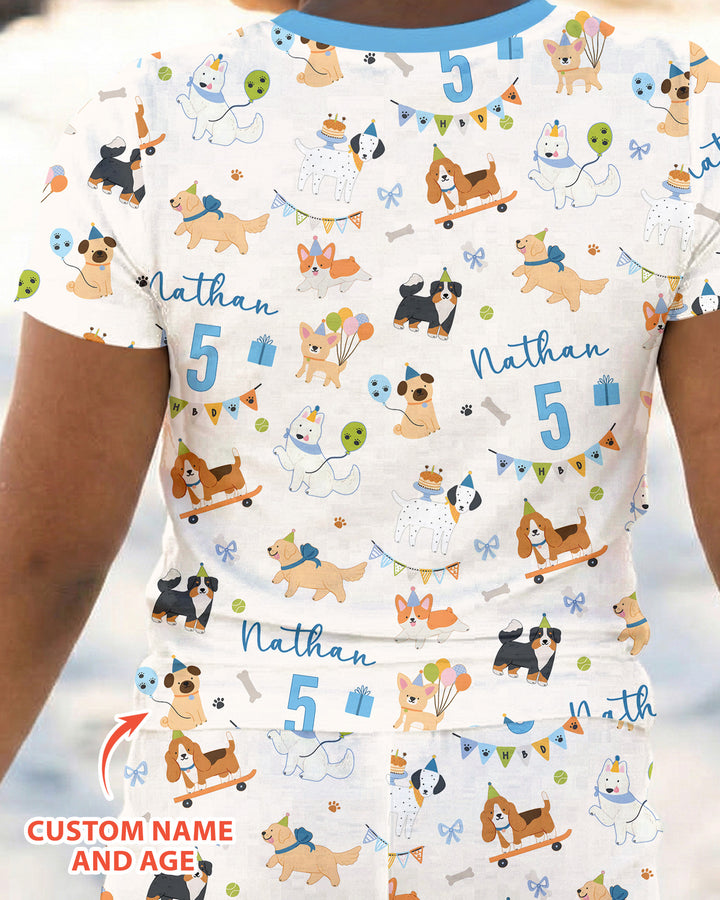 Custom Name Birthday Dogs Party Bamboo Two Piece Short Sleeve Pajama Set