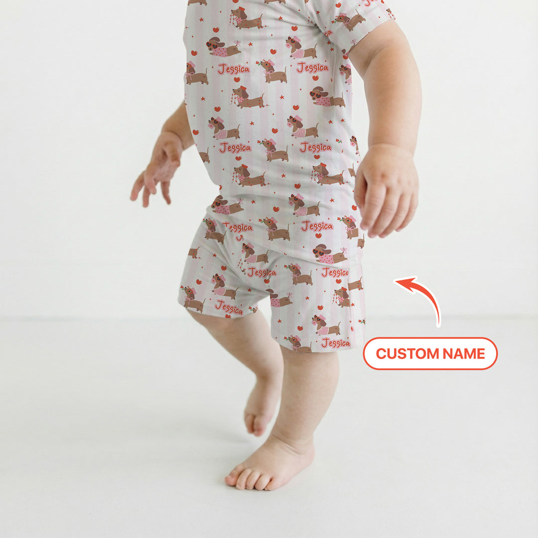 Custom Name Valentine Dachshund Family Matching Two Piece Short Sleeve Shorts Pajama Set
