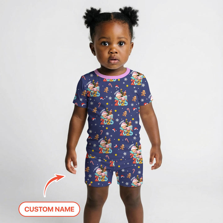 Custom Name Baby Girl's First Christmas Two Piece Short Sleeve Shorts Pajama Set