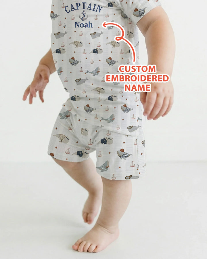 Custom Embroidered Name Little Captain of the Whale Crew Bamboo Two Piece Short Sleeve Shorts Pajama Set
