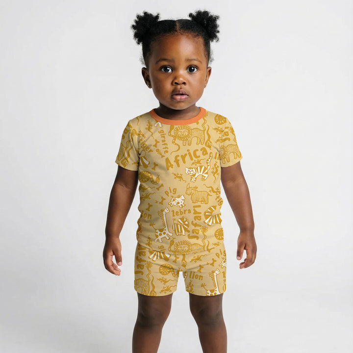 Handdrawn African Animals Two Piece Short Sleeve Shorts Pajama Set