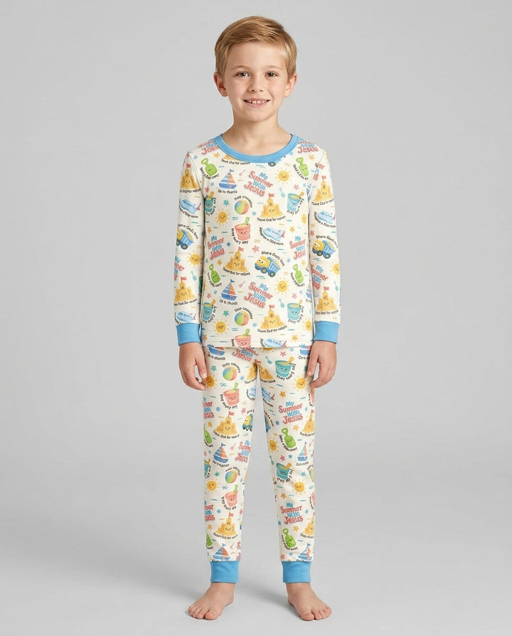 Colorful Summer Beach With Jesus Bamboo Two Piece Long Sleeve Pajama Set