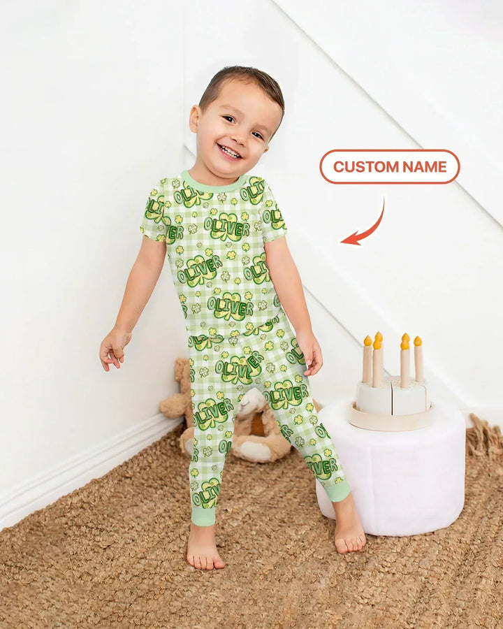 Lucky Shamrock Custom Name Two Piece Short Sleeve Pajama Set