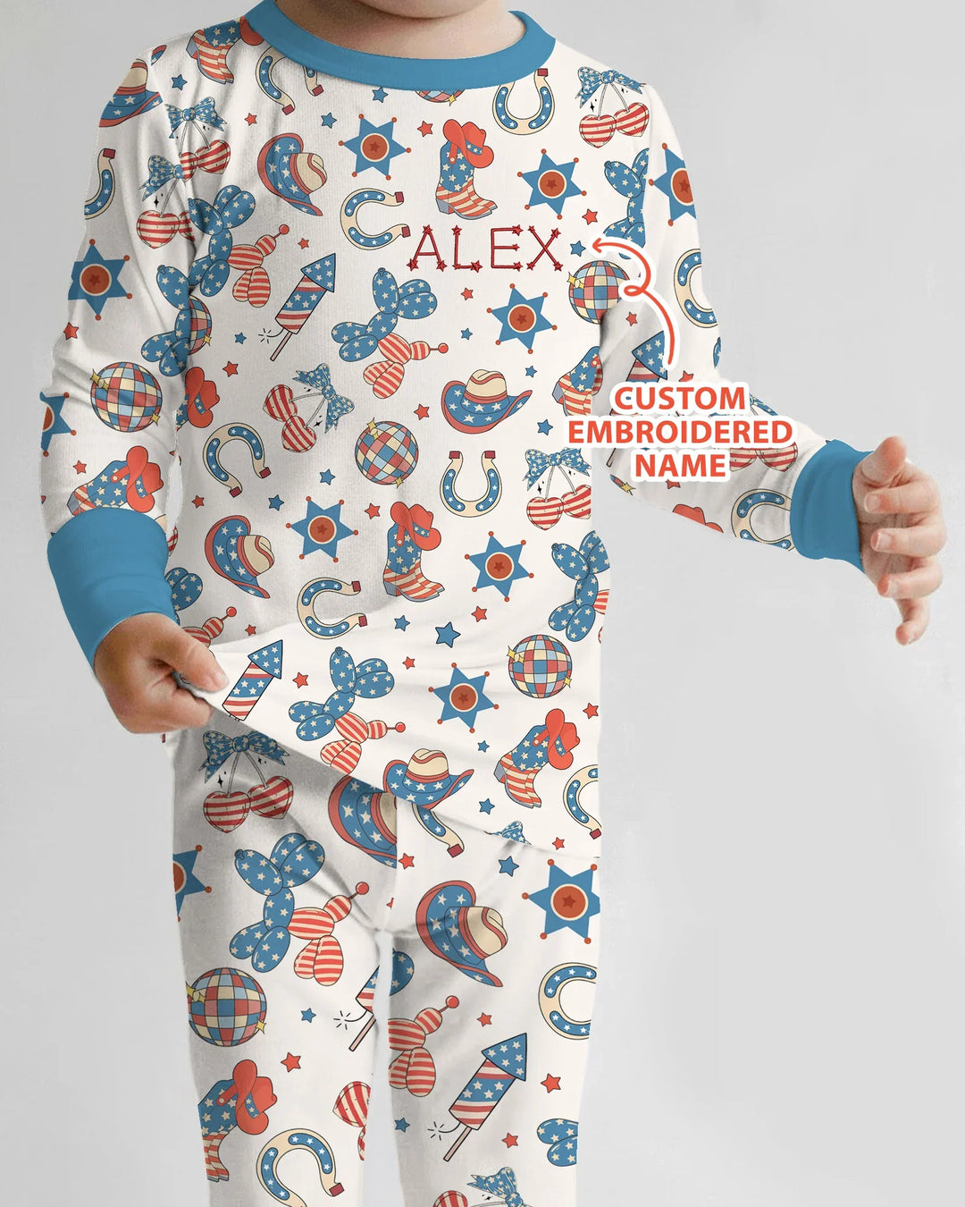 Custom Name Embroidered Howdy 4th Of July Bamboo Two Piece Long Sleeve Pajama Set