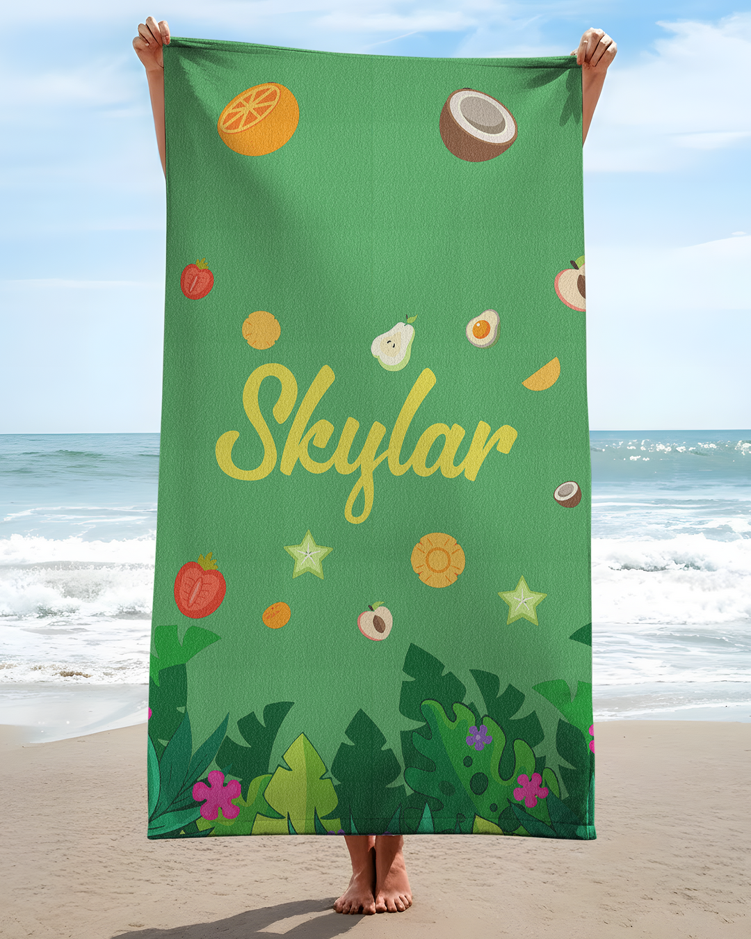 Personalised Fruits Palm Tree Marine Animals Bamboo Beach Towel