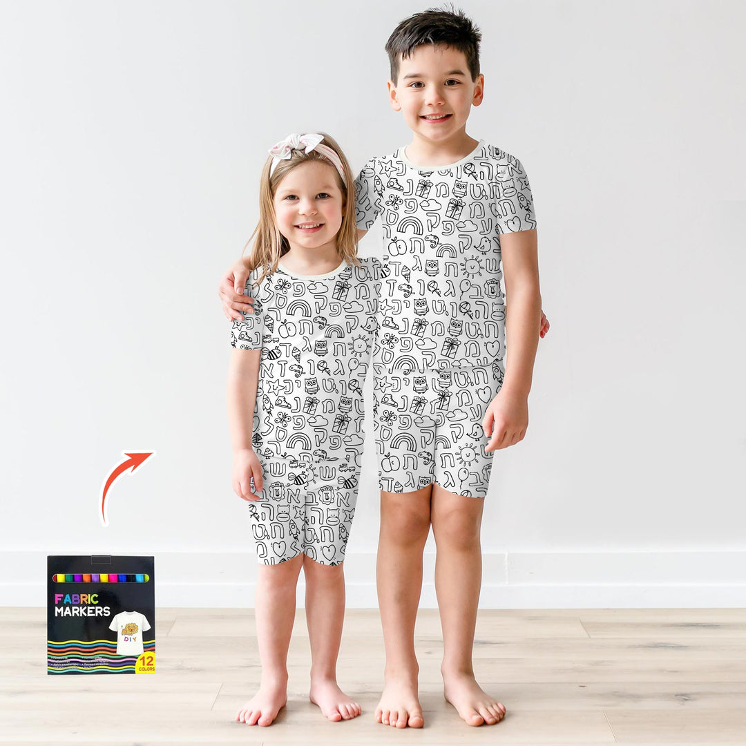 Hebrew Alphabet Colorable Two Piece Short Sleeve Shorts Pajama Set