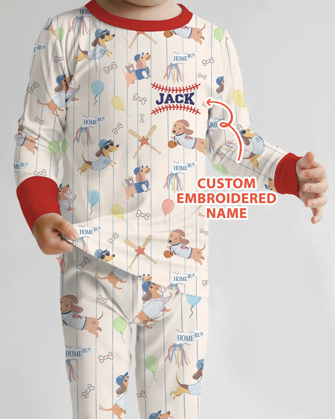 Personalized Embroidered Name Dachshund Baseball Bamboo Two Piece Long Sleeve Pajama Set