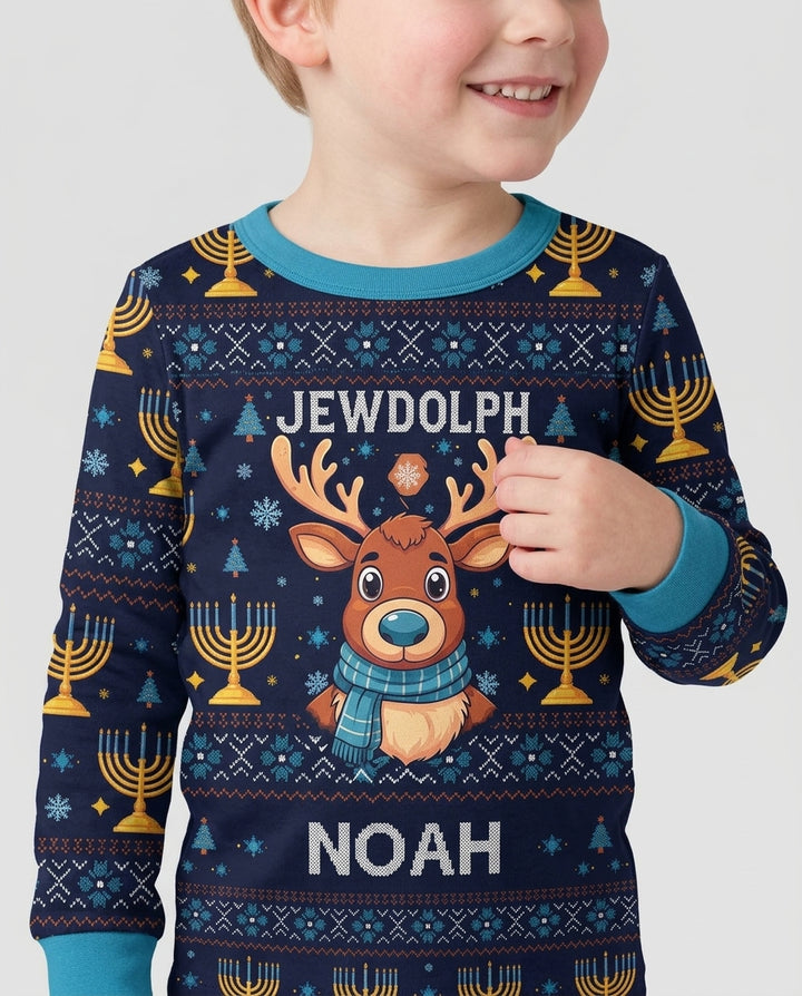 Custom Name Jewdolph Hanukkah Bamboo Two Piece Long Sleeve Pajama Set