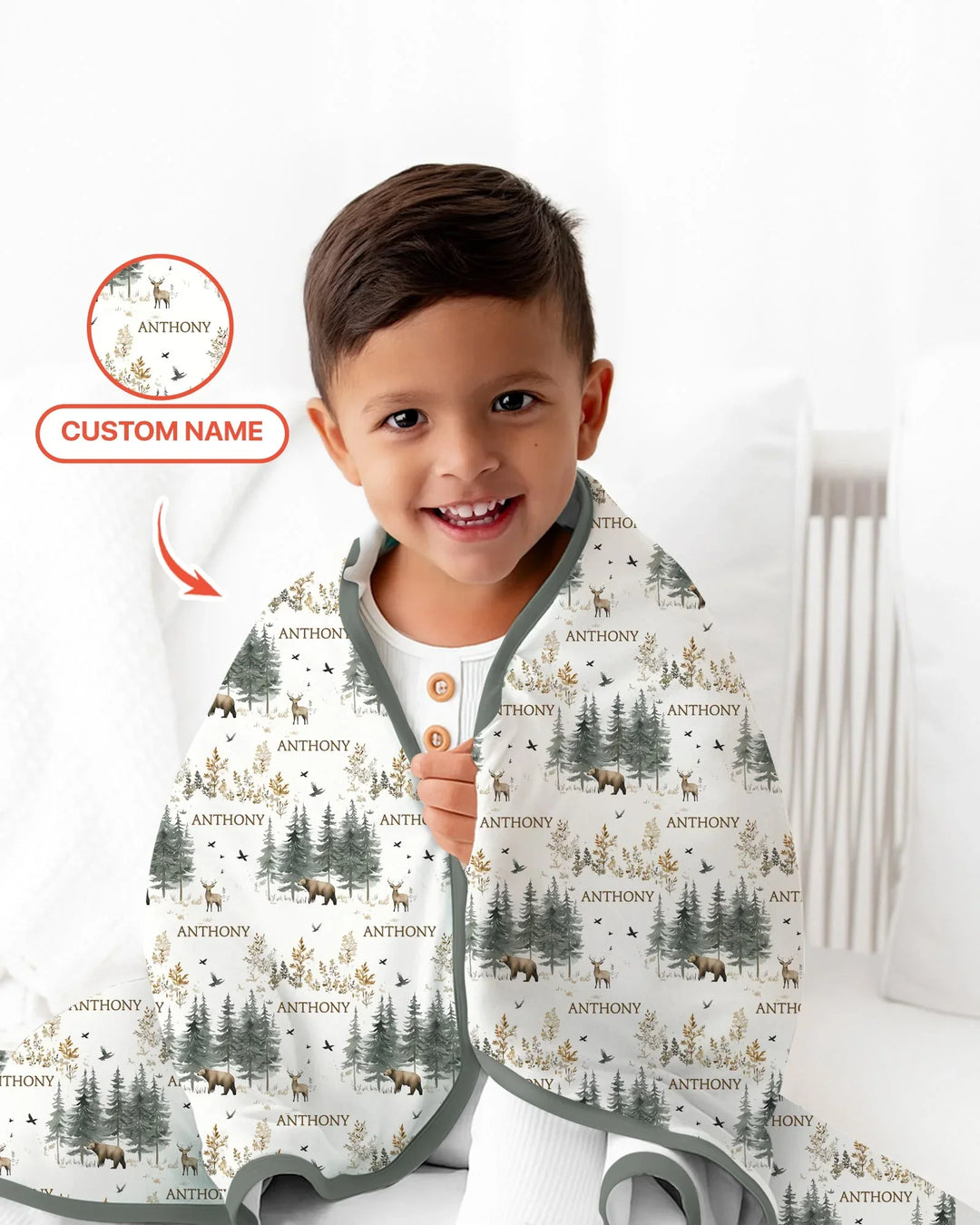 Manta de bambú personalizada con nombre, bosque, oso, ciervo