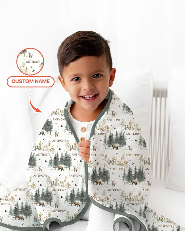 Manta de bambú personalizada con nombre, bosque, oso, ciervo