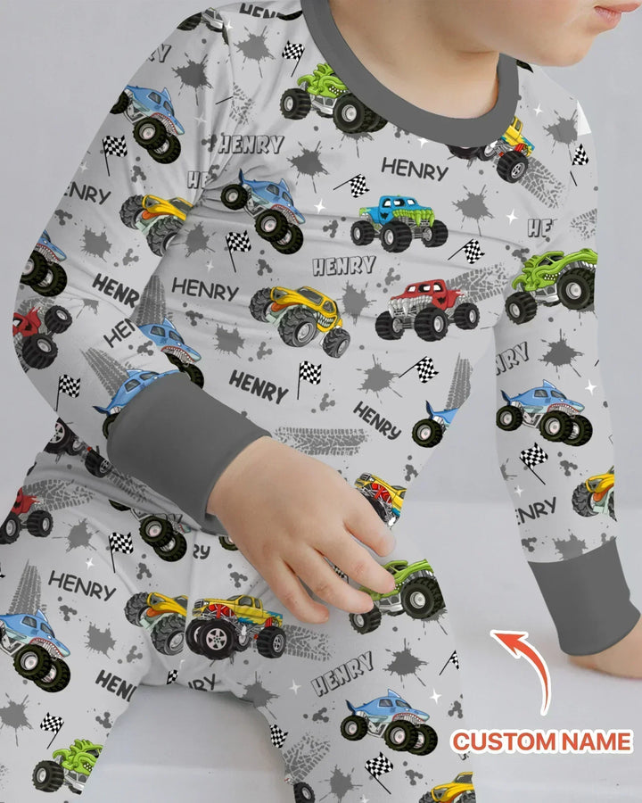 Monster Truck Dirt Jam Custom Name Daddy & Me Matching Two Piece Long Sleeve Pajama Set
