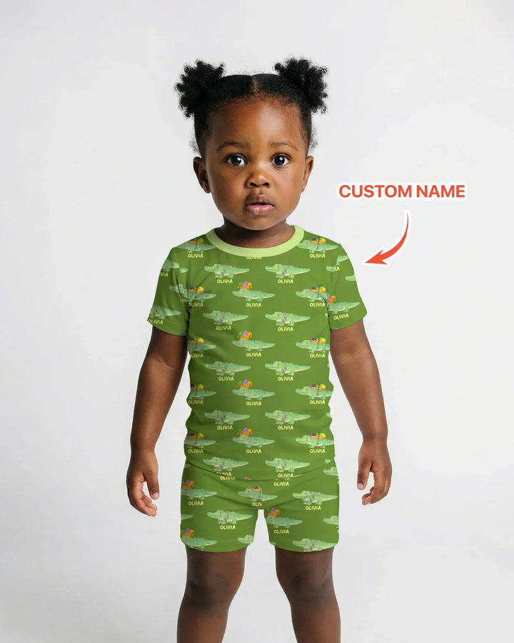 Custom Name Mardi Gras Gator Two Piece Short Sleeve Shorts Pajama Set