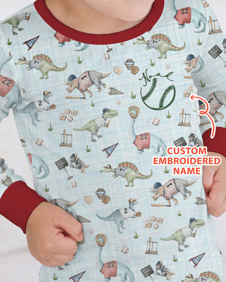 Custom Embroidered Dinosaurs Baseball  Bamboo Two Piece Long Sleeve Pajama Set