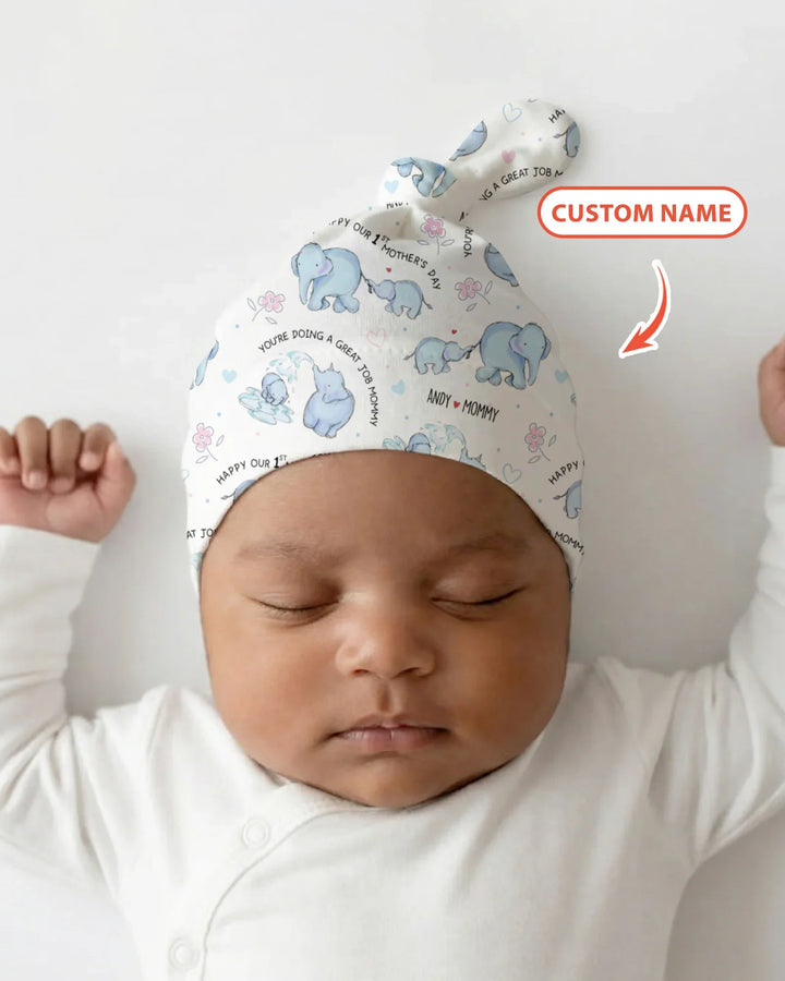 Custom Name Mother & Baby Elephant Knotted Hat