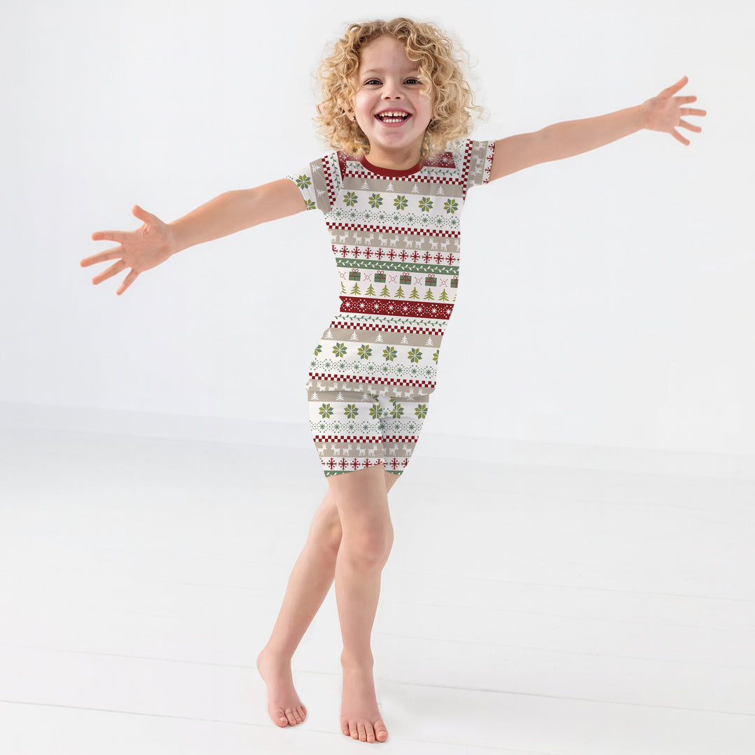 Christmas Fair Isle Red and Green Two Piece Short Sleeve Shorts Pajama Set