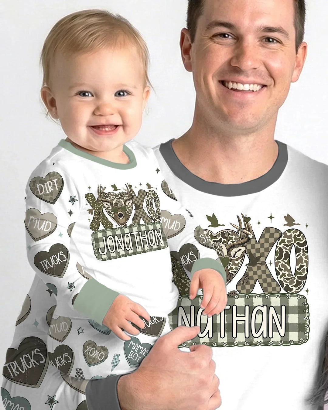 Personalized Hunting Sweethearts Candy Daddy & Me Matching Two Piece Long Sleeve Pajama Set