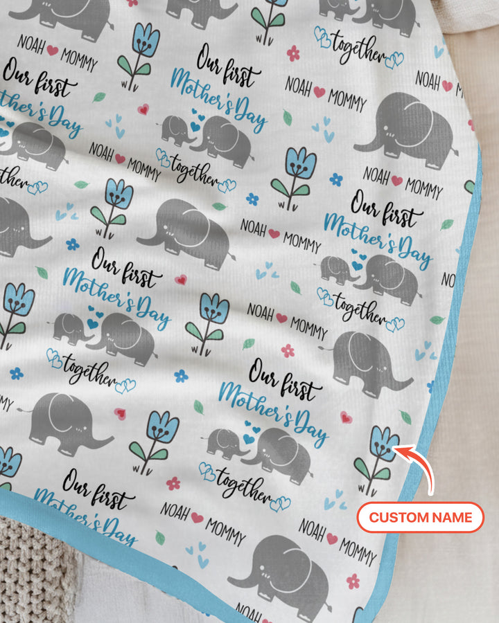 Custom Name Elephant Our First Mother's Day Blanket