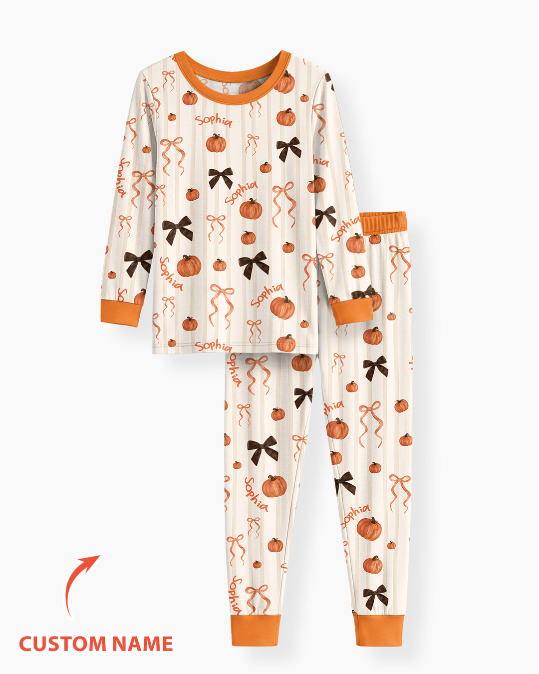 Custom Name Coquette Pumpkin Bow Fall Bamboo Two Piece Long Sleeve Pajama Set