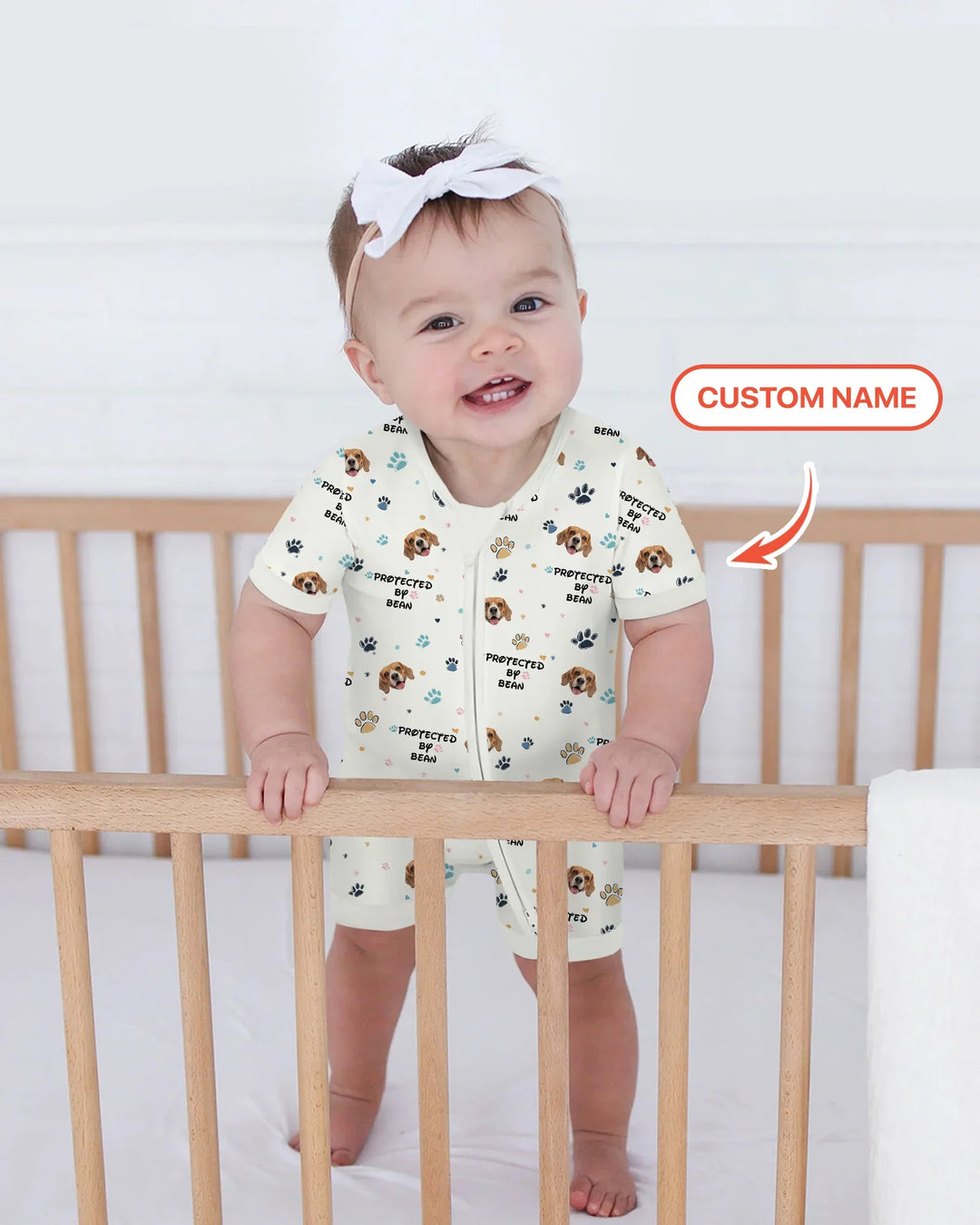 Custom Dog Photo Pattern "Protected By" Shorty Zippered Romper
