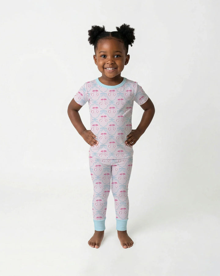 Cherry Baseball Softball Mom and Girl Matching Bamboo Two Piece Short Sleeve Pajama Set