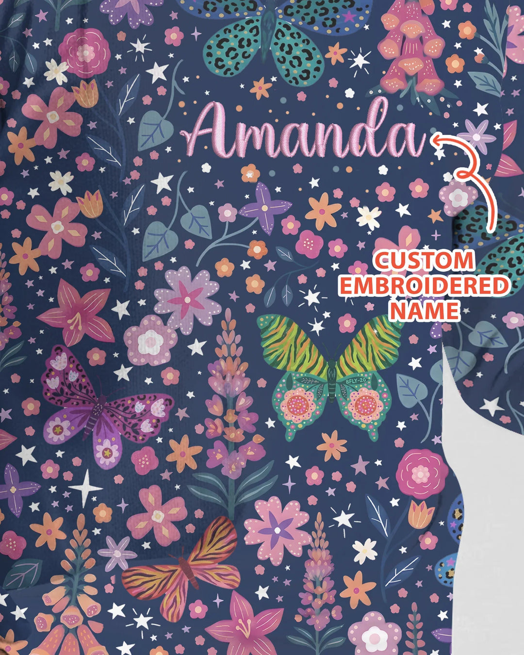 Custom Name Embroidered Colorful Butterfly Bamboo Two Piece Long Sleeve Pajama Set