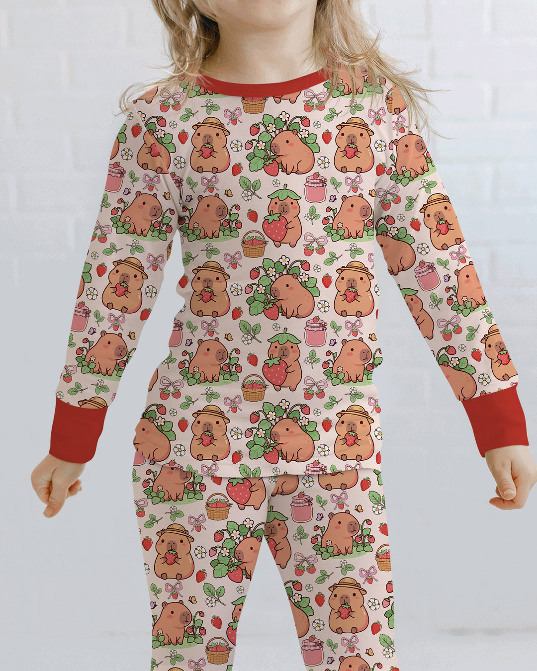 Capybara Strawberry Bamboo Two Piece Long Sleeve Pajama Set
