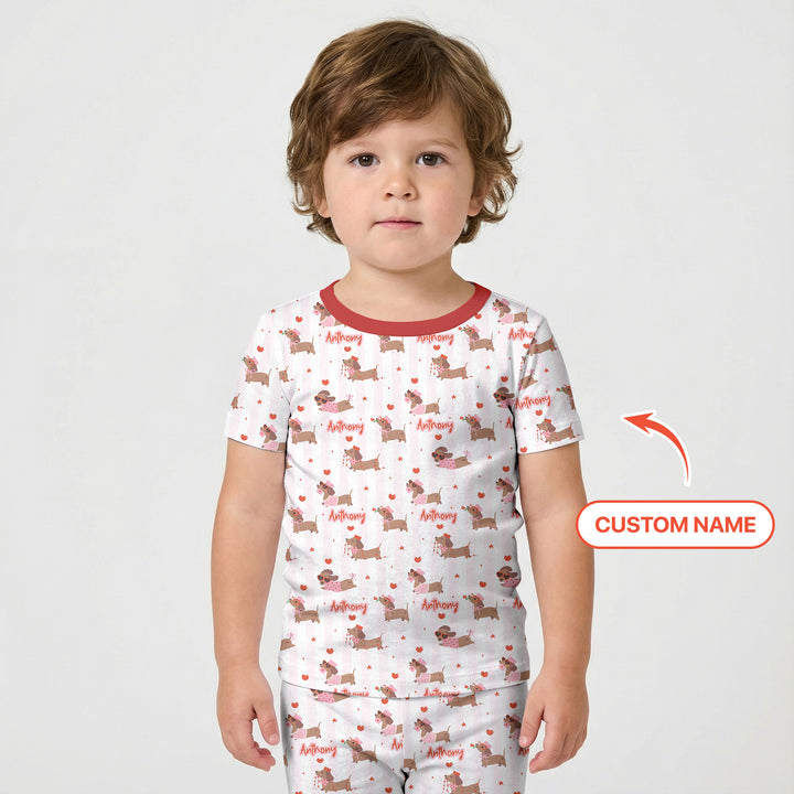 Custom Name Valentine Dachshund Family Matching Two Piece Short Sleeve Shorts Pajama Set