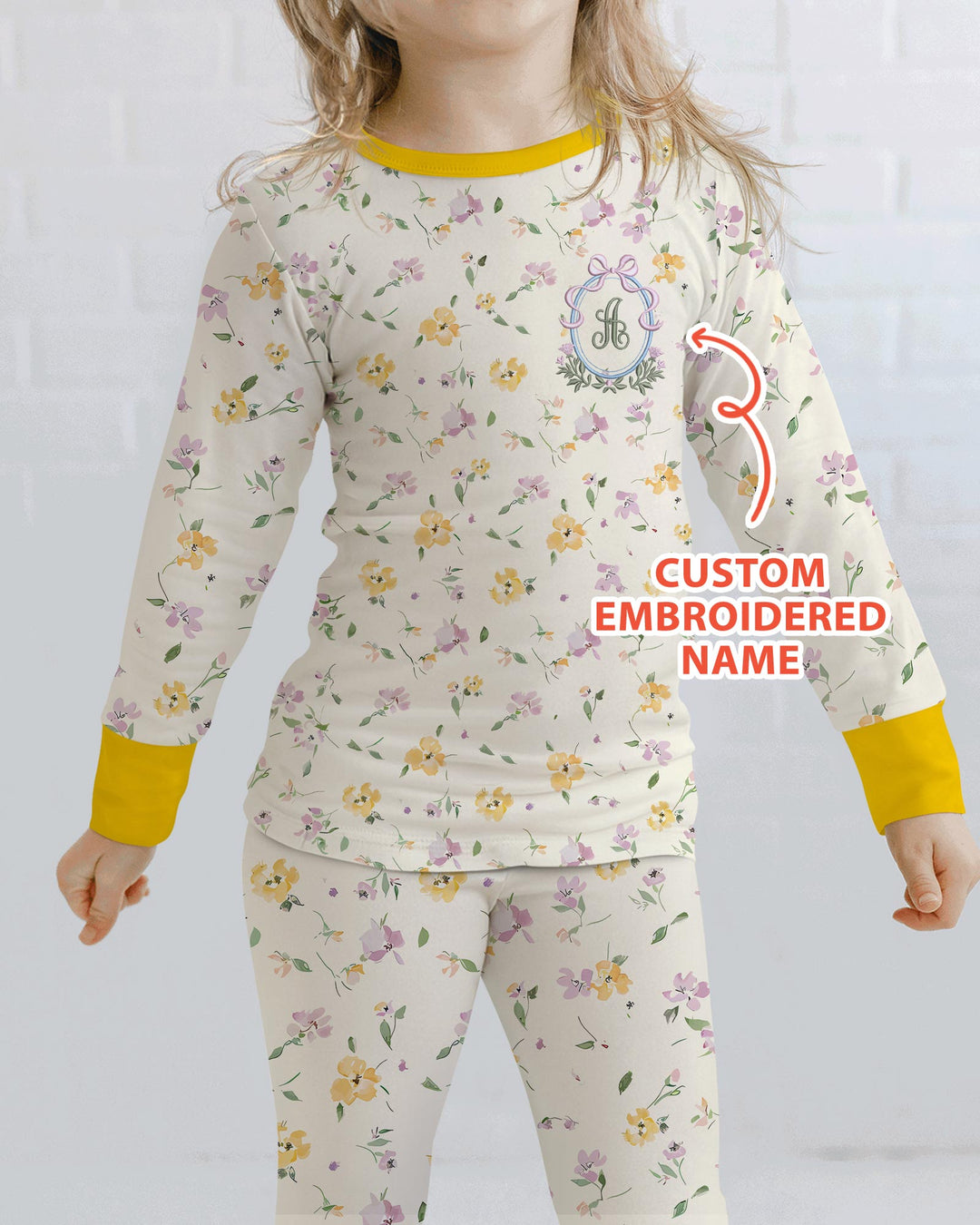 Custom Embroidered Name Floral Bamboo Two Piece Long Sleeve Pajama Set