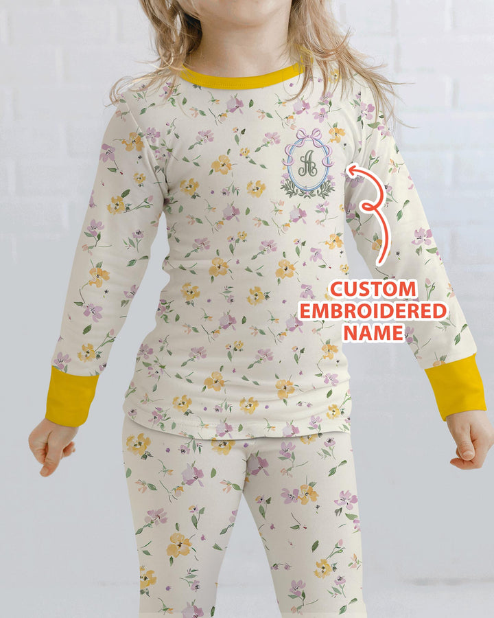 Custom Embroidered Name Floral Bamboo Two Piece Long Sleeve Pajama Set